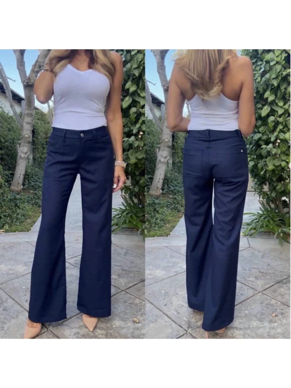 Bevy Flog NEW Christi Wide Leg Trousers Patch Pocket 26 Mid Rise 30” Inseam Blue